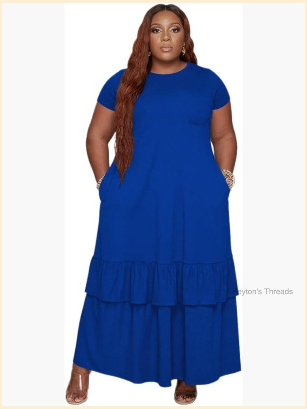 Plus Size Short Sleeve Maxi Dress with Pockets - 95% Polyester 5% Elastane